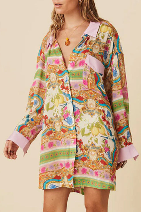 Boho Floral Print Buttoned Long Sleeve Shirt Dress