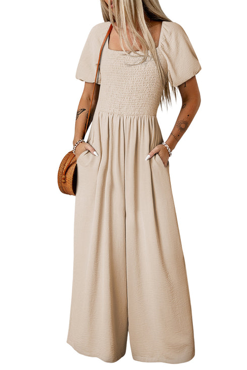 Solid Short Bubble Sleeve Smocked Wide Leg Jumpsuit
