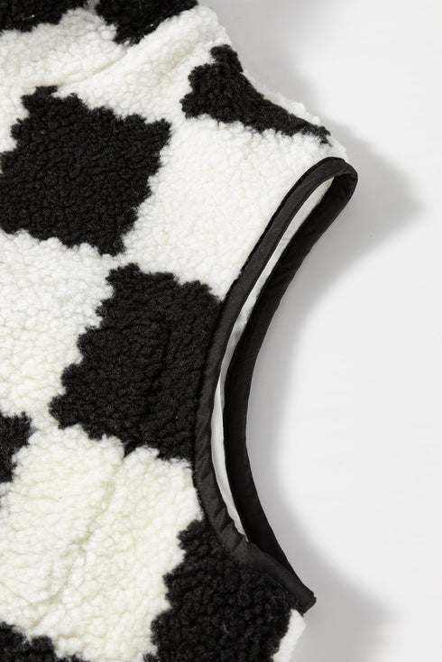 Casual Checkered Print Fleece Sherpa Collared Vest