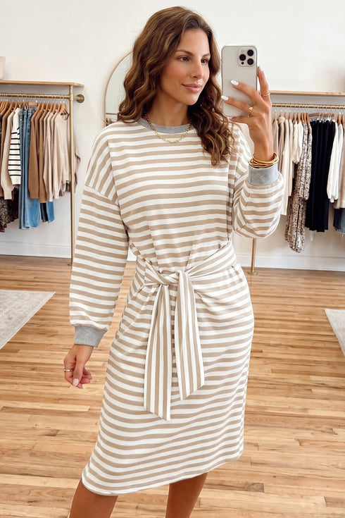 Striped Panel Cuff Round Neck Long Sleeve T Shirt Dress