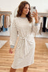 Striped Cuffs Round Neck Long Sleeve Shift T Shirt Dress