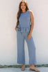 Textured Ribbed Ruffle Tank Top Wide Leg Pant Set