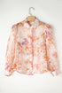 Abstract Floral Balloon Sleeve Button Down Blouse