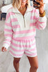 Striped Patchwork Zipper Pullover Elastic Waist Shorts Two Piece Short Set