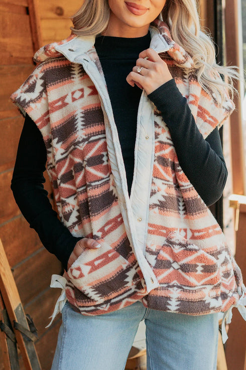 Geometric Print Fleece Metal Button Placket Shift Silhouette Vest