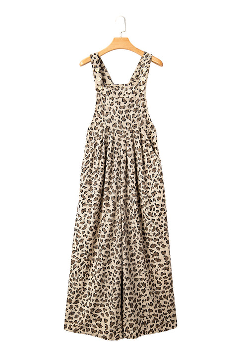 Exclusive Ribbed Leopard Print Wide Leg Bib Jumpsuit