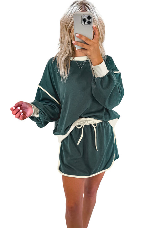 Paneled Loose Pullover And Lace Up Skort Two Piece Set