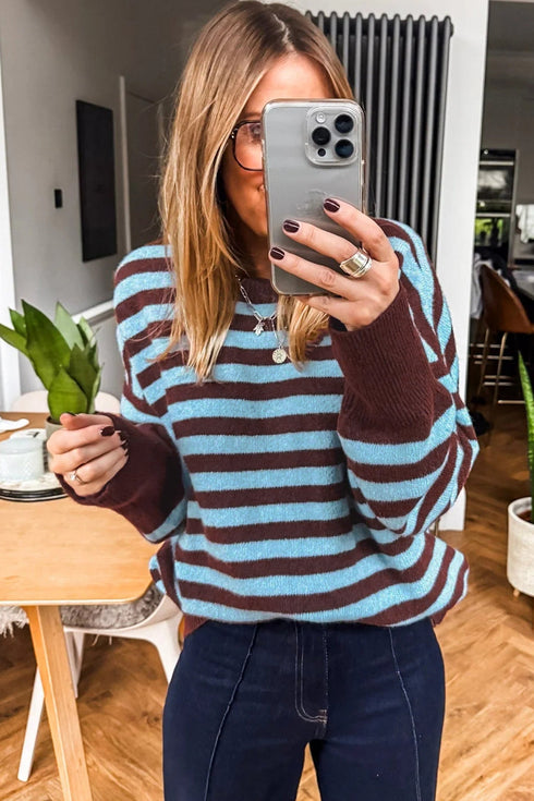 Striped Pattern Loose Crew Neck Cuffed Sweater