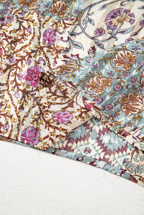 Bohemian Mixed Print Open Front Draped Kimono