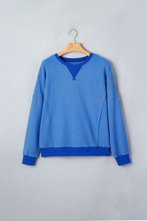 Striped Ribbed Cuff Hem Seam Long Sleeve Pullover Top