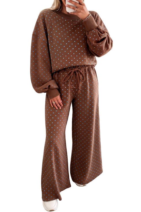 Polka Dot Drawstring Wide Leg Long Sleeve Pant Set