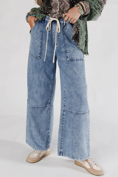 Acid Wash Exposed Seam Elastic Waist Wide Leg Jeans