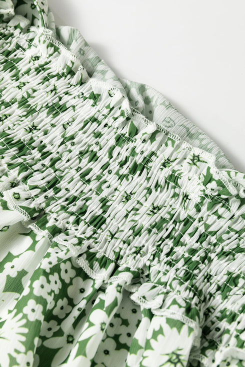 Square Neck Shirred Waist Tiered Ruffled Mini Floral Dresses