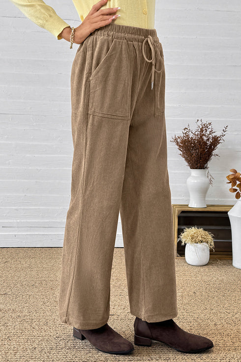 Polyester Tie Elastic Waist Soft Corduroy Pants