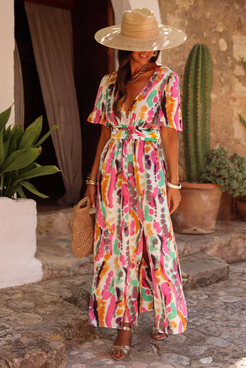 Abstract Print Flutter Sleeve V Neck Maxi Dress