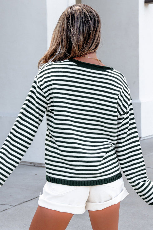 Striped Button Placket Drop Shoulder Long Sleeve Sweater