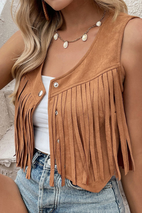 Western Fringed Suedette Faux Leather Snap Button Vest