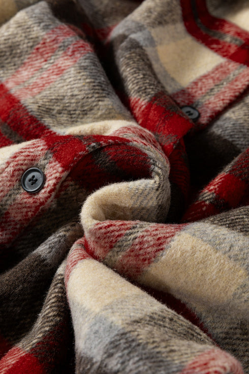 Brushed Plaid Button Front Side Slit Tunic Shacket