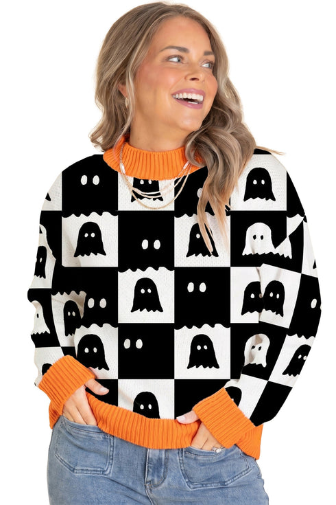 High Neck Drop Shoulder Geometric Print Sweater