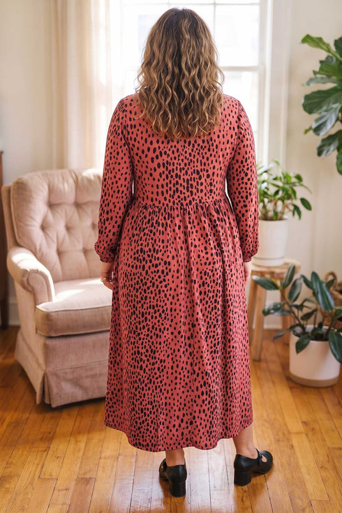 Leopard Print Long Sleeve V Neck Midi Dress