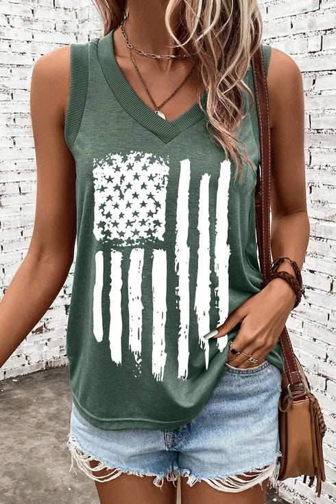Distressed Patriotic Graphic V Neck Sleeveless Tank Top