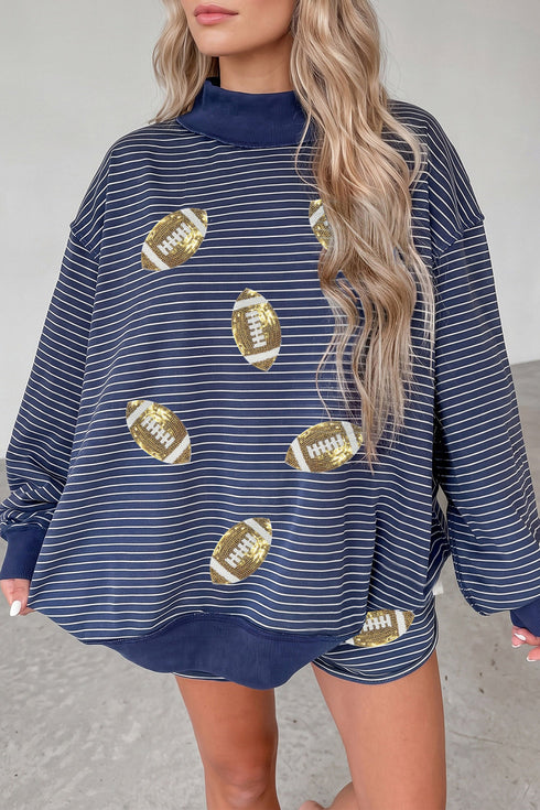 Sequin Rugby Print Striped Mock Neck Sweatshirt
