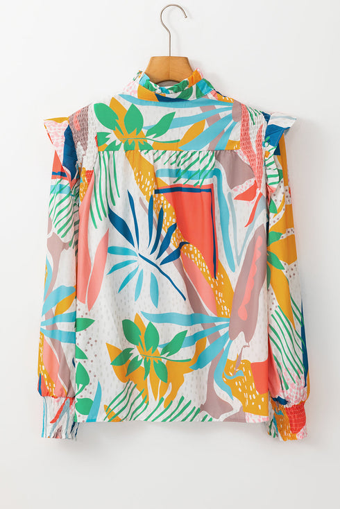 Abstract Leaf Print Ruffled High Neck Blouse