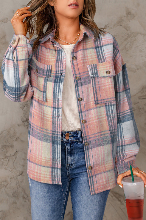 Casual Plaid Print Flap Pocket Button Down Shacket