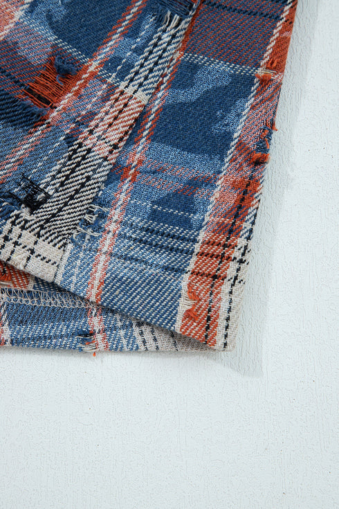 Bohemian Floral Plaid Patchwork Distressed Waffle Knit Shacket