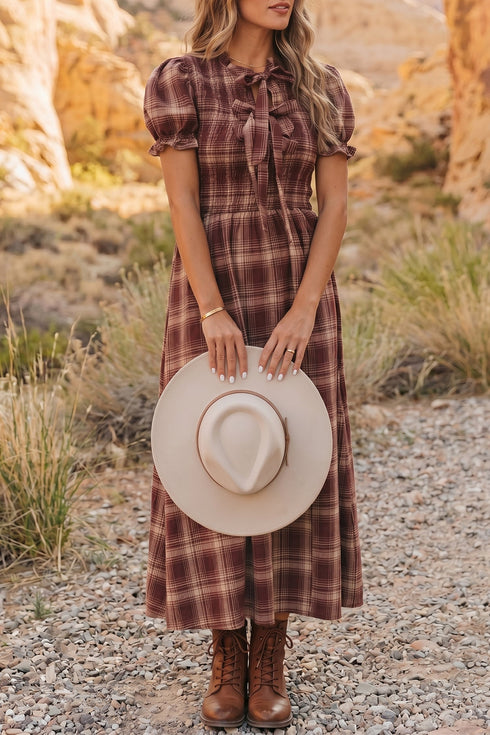 Vintage Plaid Knot Front Smocked Midi Dress