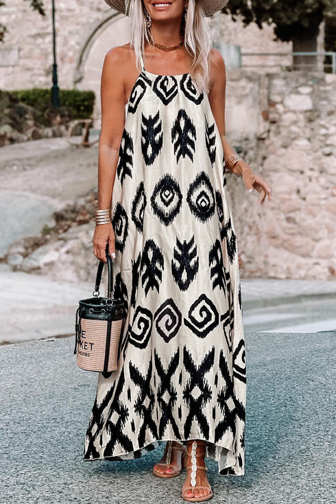 Abstract Geometric Pattern Sleeveless Flowy Maxi Dress
