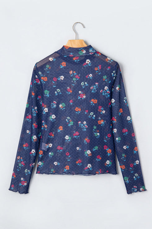 Polka Dot Floral Mesh Long Sleeve High Neck Pullover Sheath Top