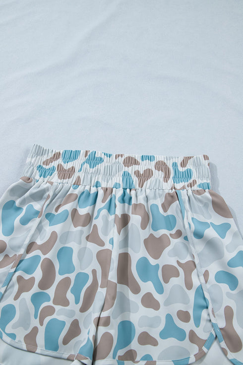 Camouflage Print Shirred High Waist Athleisure Casual Shorts