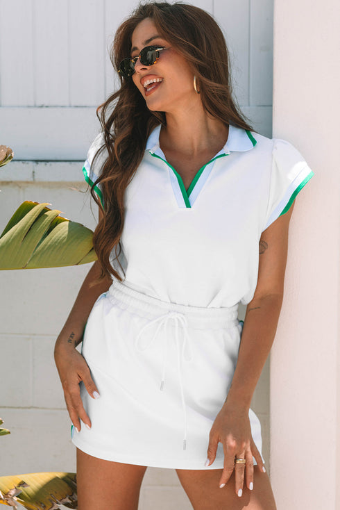 Contrast Trim Edge Cap Sleeve Collared Two Piece Dress