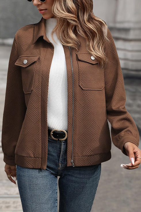 Casual Textured Flap Pocket Shirt Collar Zip Up Jackets
