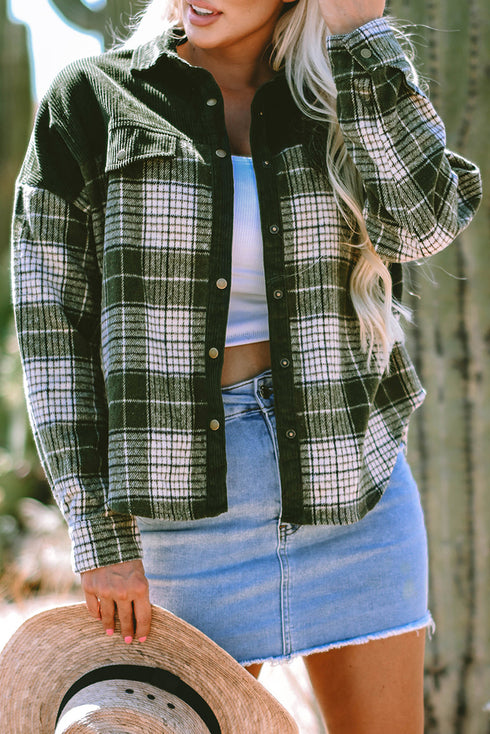 Mixed Patchwork Snap Button Casual Plaid Shacket