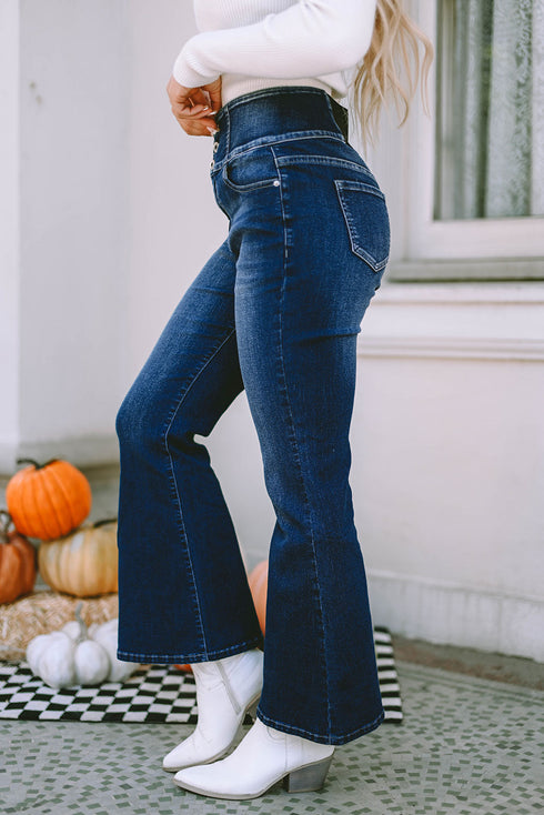 Button Detail Elastic Wide Waistband Flare Denim Jeans