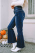 Button Detail Elastic Wide Waistband Flare Denim Jeans