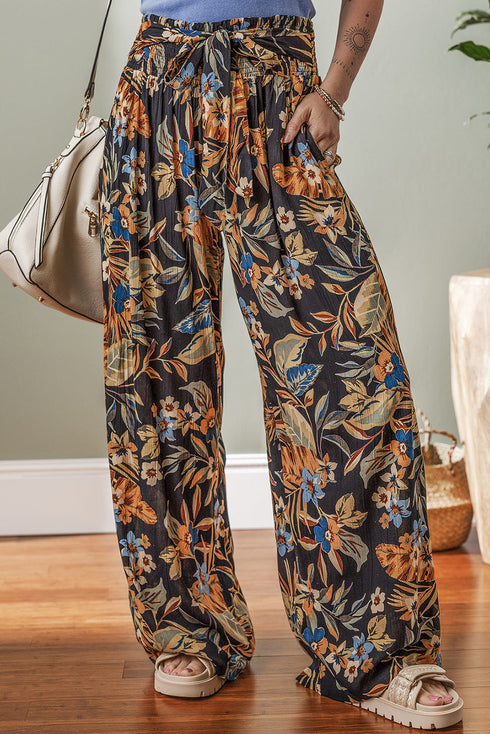 Bohemian Floral Print Smocked Waist Wide Leg Pants
