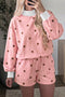 Polka Dot Ribbed Trim Long Sleeve Short Set