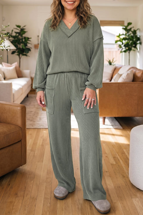 Four Leaf Clover Twisted Ribbed Exposed Seam V Neck Pullover Loungewear Set