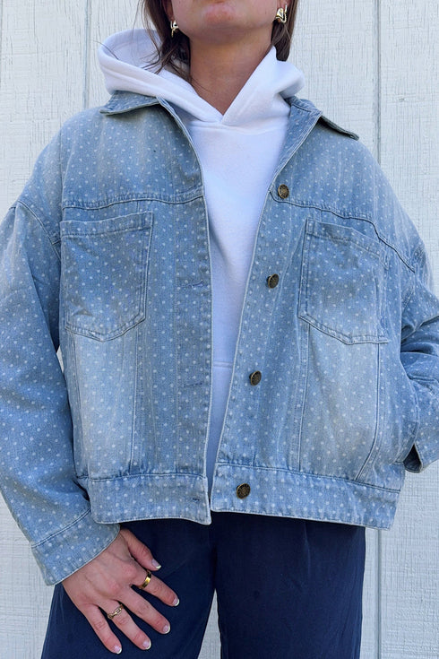 Polka Dot Long Sleeve Collar Pocket Shift Silhouette Denim Jacket