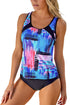 Abstract Print Scoop Neck Spliced Tankini Top