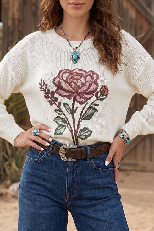 Western Floral Drop Shoulder Lightweight Knit Pullover Sweater
