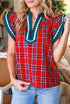 Plaid V Neck Short Sleeve Shift Silhouette Blouse