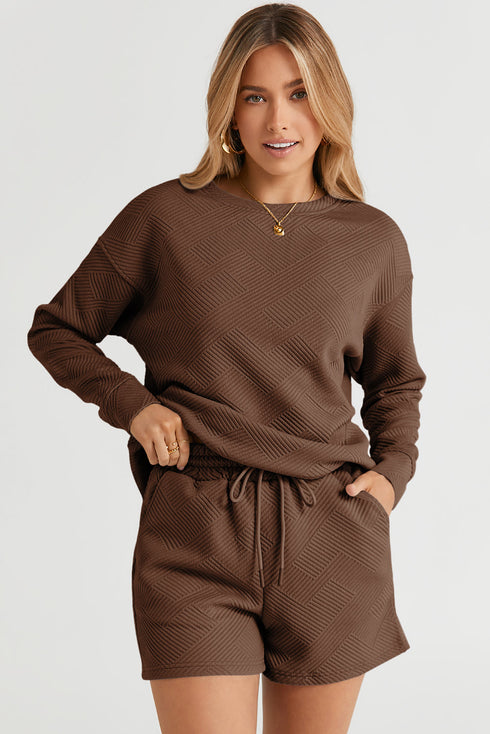 Textured Long Sleeve Top And Drawstring Lounge Short Sets