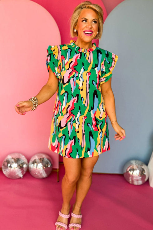 Abstract Print Ruffled Mock Neck Shift Dress