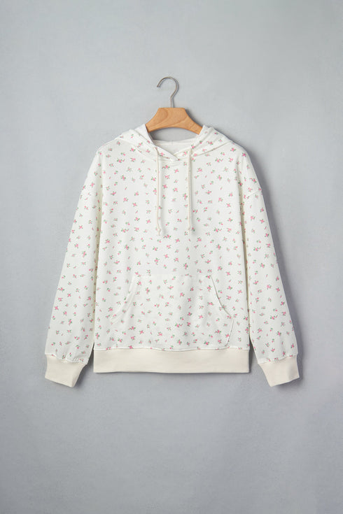 Floral Print Ribbing Drawstring Hem Long Sleeve Hoodie