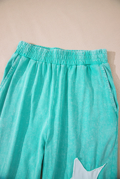 Acid Wash Star Applique Rolled Trim Pants Set