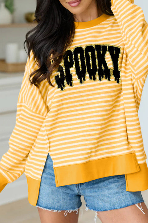 Spooky Slogan Stripe Split Hem Long Sleeve Sweatshirt
